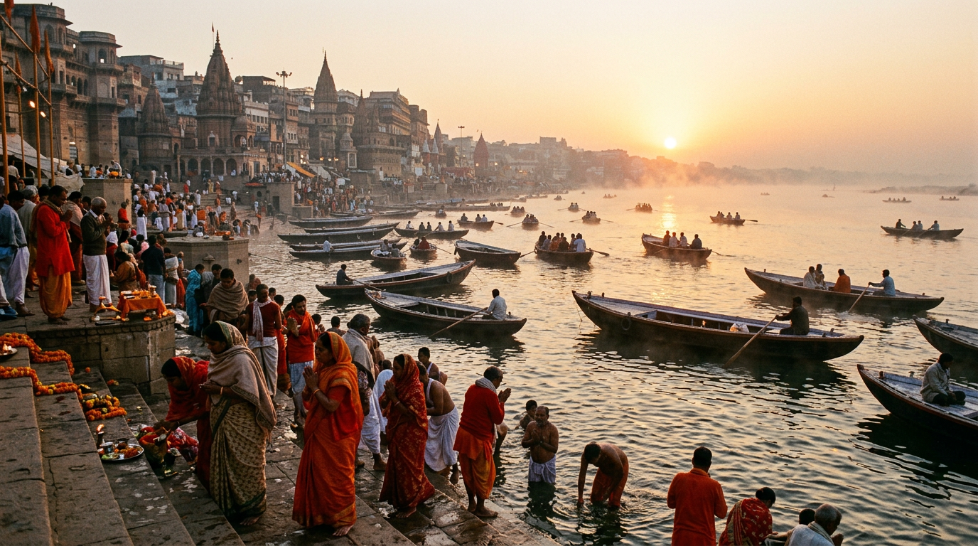 Varanasi sunrise boat ride on the Ganges, ghats and temples along the sacred river