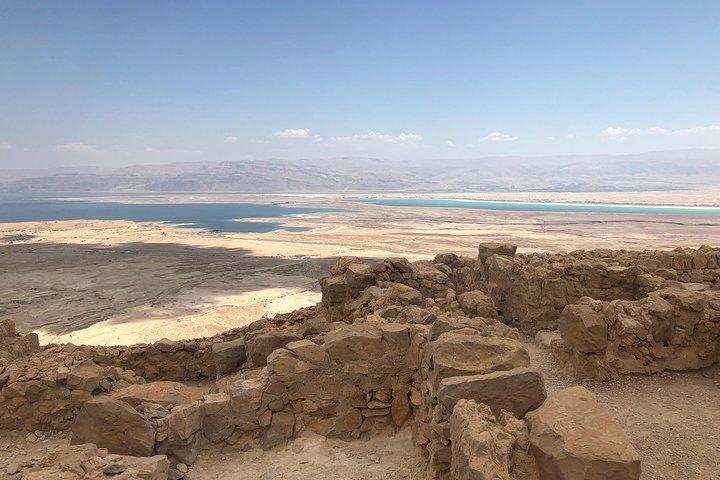 The Dead Sea shoreline below the desert hills east of Jerusalem