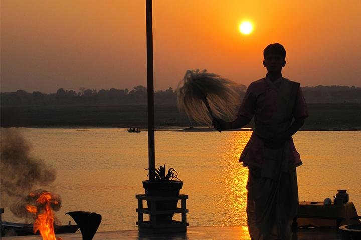 Boats on the Ganges beside the ghats of Varanasi in the early morning