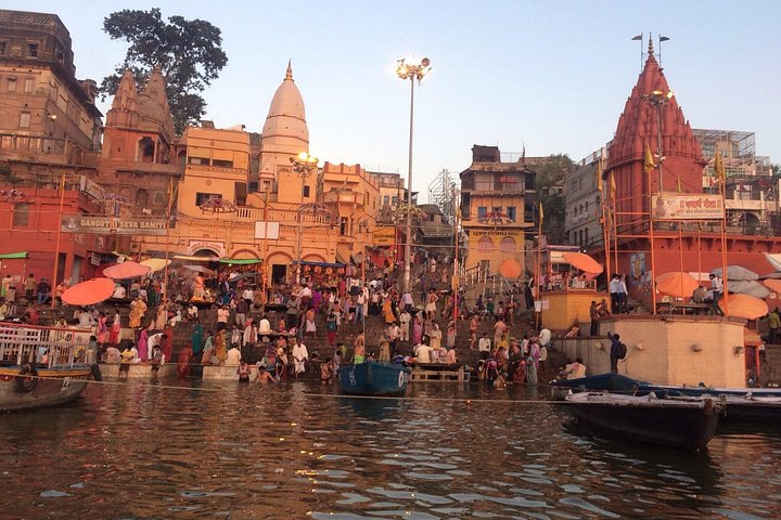 Early morning on the ghats of Varanasi, with the Ganges wide and still beneath the stone steps