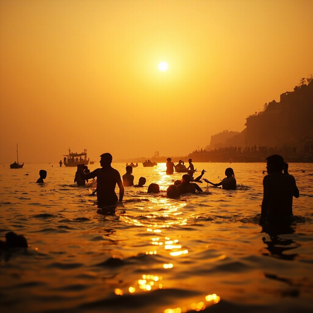 Ganges sunrise boat tour in Varanasi, pilgrims on the sacred Ghats at dawn